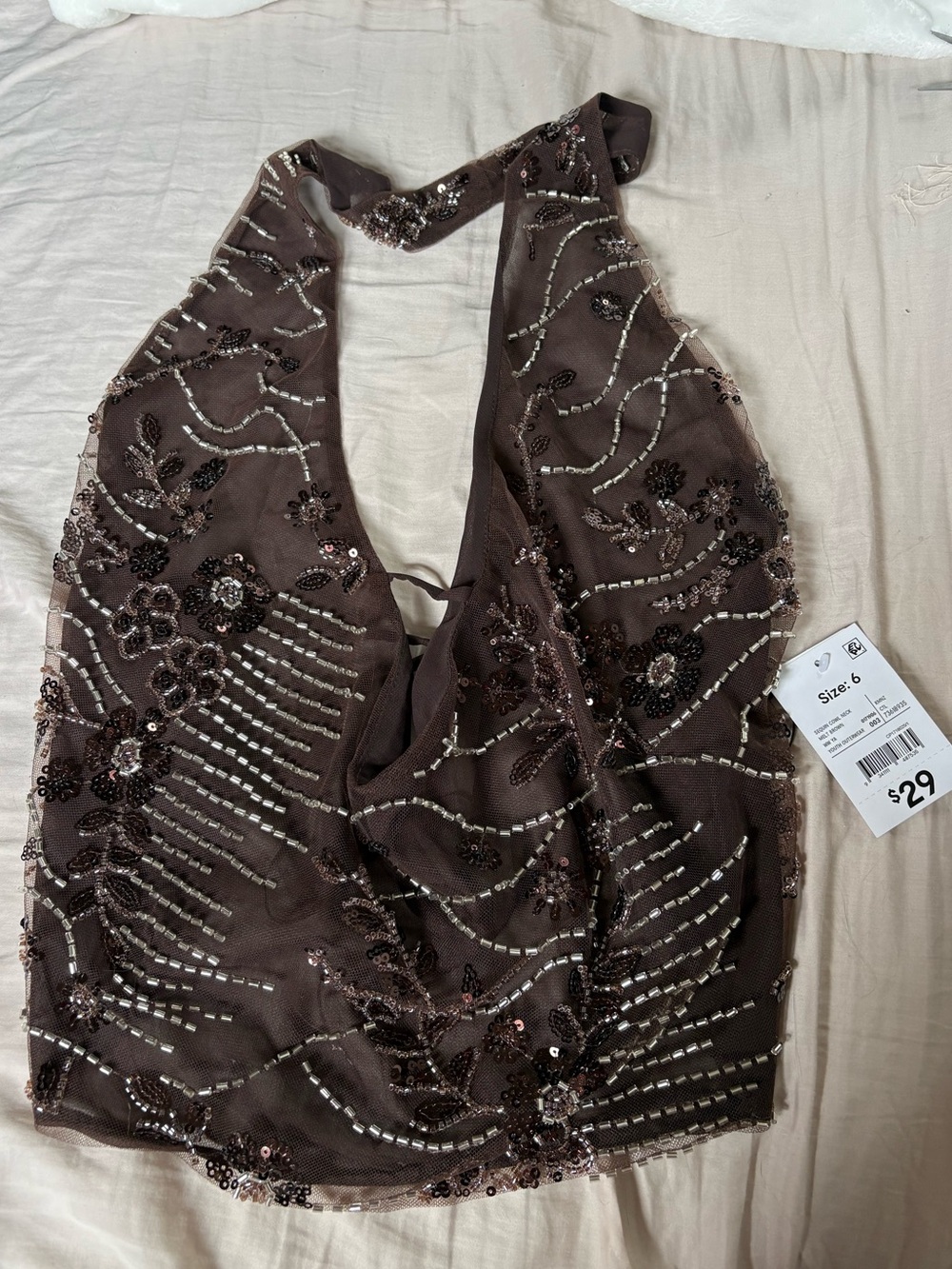 Beaded Halter Neck Embellished Top - Brown